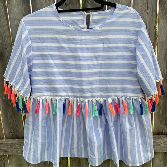 SHEIN Striped Blue & White Colorful Unique Tassel Trim Peplum Blouse Small - Picture 1 of 11